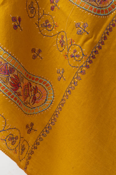 The Sunset Splendor: Mustard Kashmiri Shawl with Detailed Paisley Designs - KashmKari