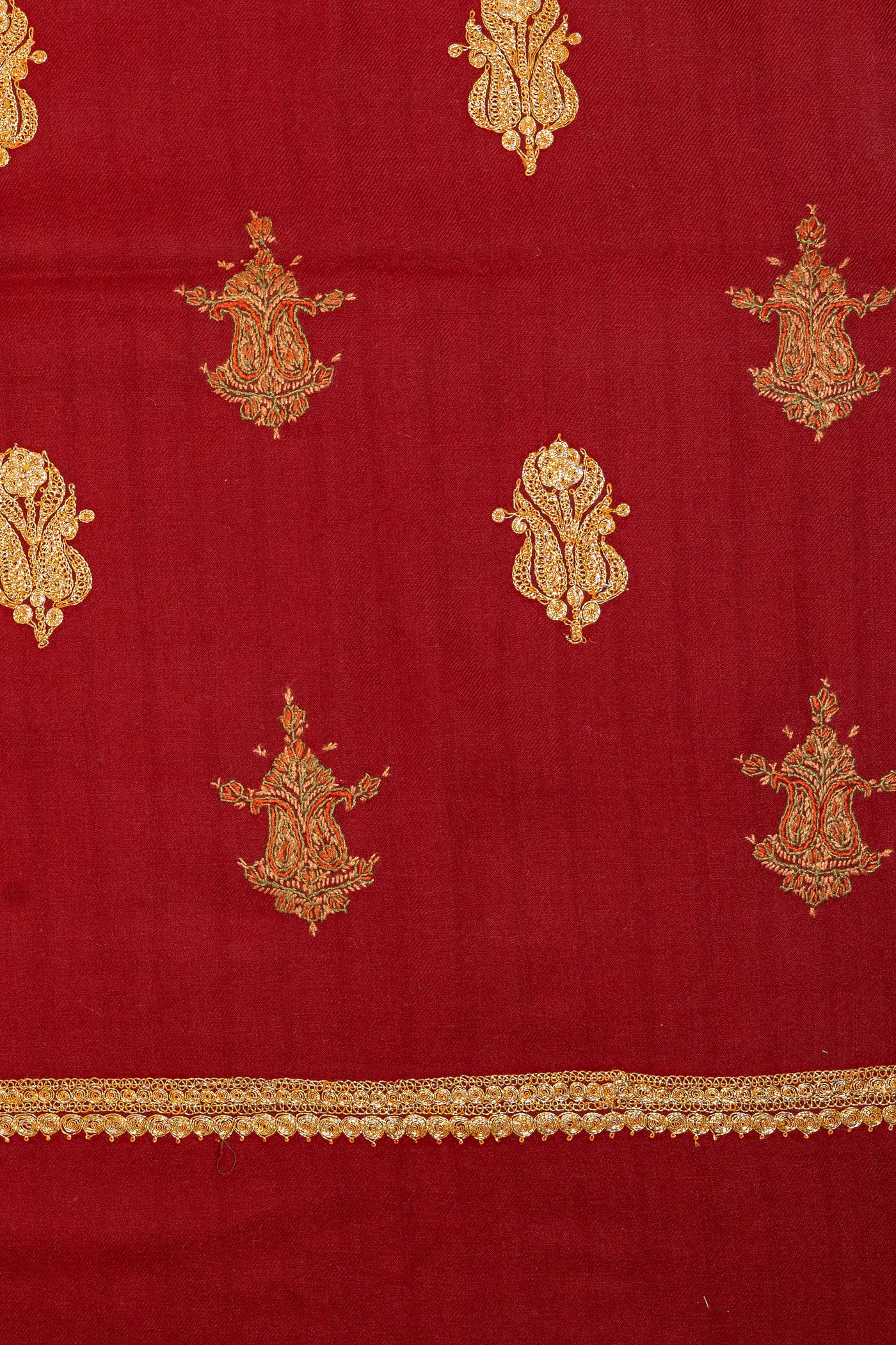 The Kashmiri Czarina: Tilla and Sozni Embroidered Shawl in Maroon - KashmKari