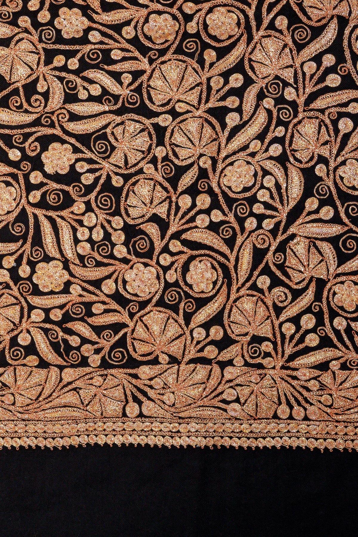 Elegant Tilla Embroidery on Black Merino Wool Shawl