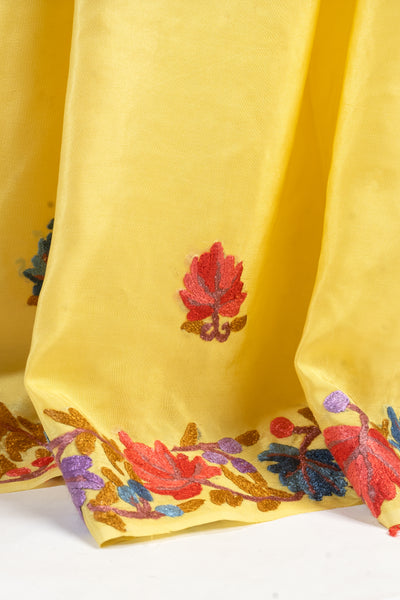 Exquisite Chinar-Adorned Kashmiri Hand Aari Embroidery Saree in Pure Crepe - KashmKari
