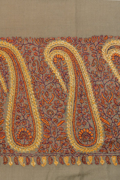 The Golden Paisley Whisper: Tilla and Sozni Embroidered Kashmiri Shawl - KashmKari