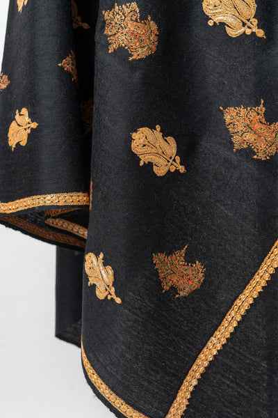 The Midnight Mystique: Black Kashmiri Shawl with Tilla and Sozni Embroidery - KashmKari