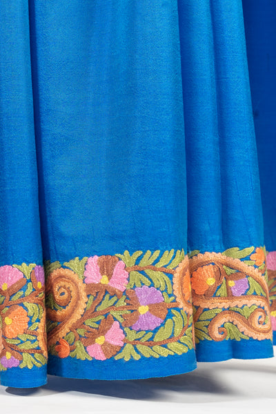Royal Heritage: Aari Embroidered Pure Silk Kashmiri Saree in Majestic Blue - KashmKari
