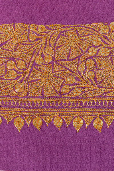 Royal Amethyst Elegance: Handcrafted Pure Pashmina Shawl with Golden Tilla Embroidery - KashmKari