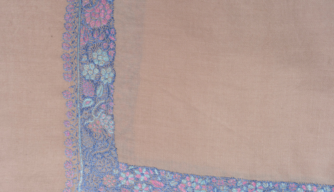 Soft Beige Kashmiri Hand Embroidered Merino Wool Sozni Shawl