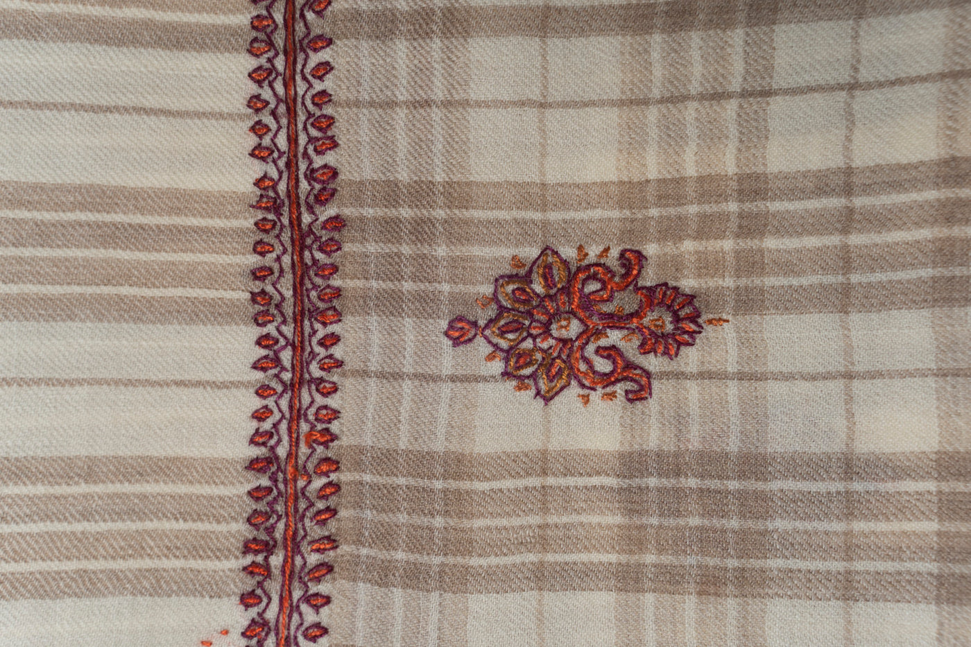 Classic Checkered Beige Kashmiri Hand Embroidered Merino Wool Sozni Shawl