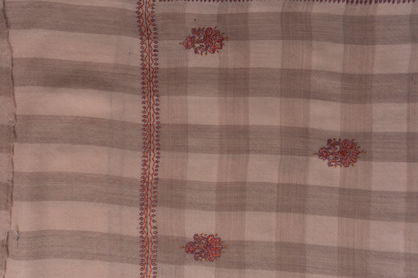 Soft Checkered Beige Kashmiri Hand Embroidered Merino Wool Sozni Shawl