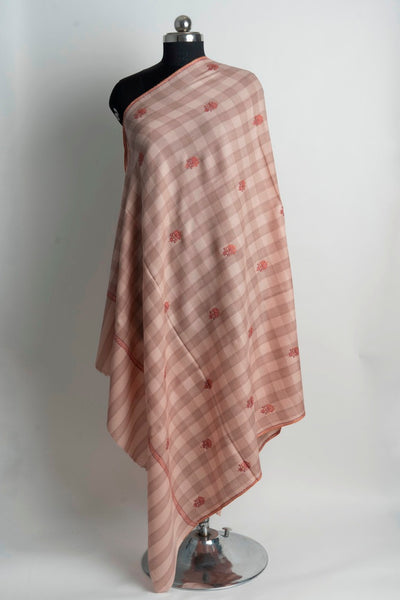 Soft Checkered Beige Kashmiri Hand Embroidered Merino Wool Sozni Shawl