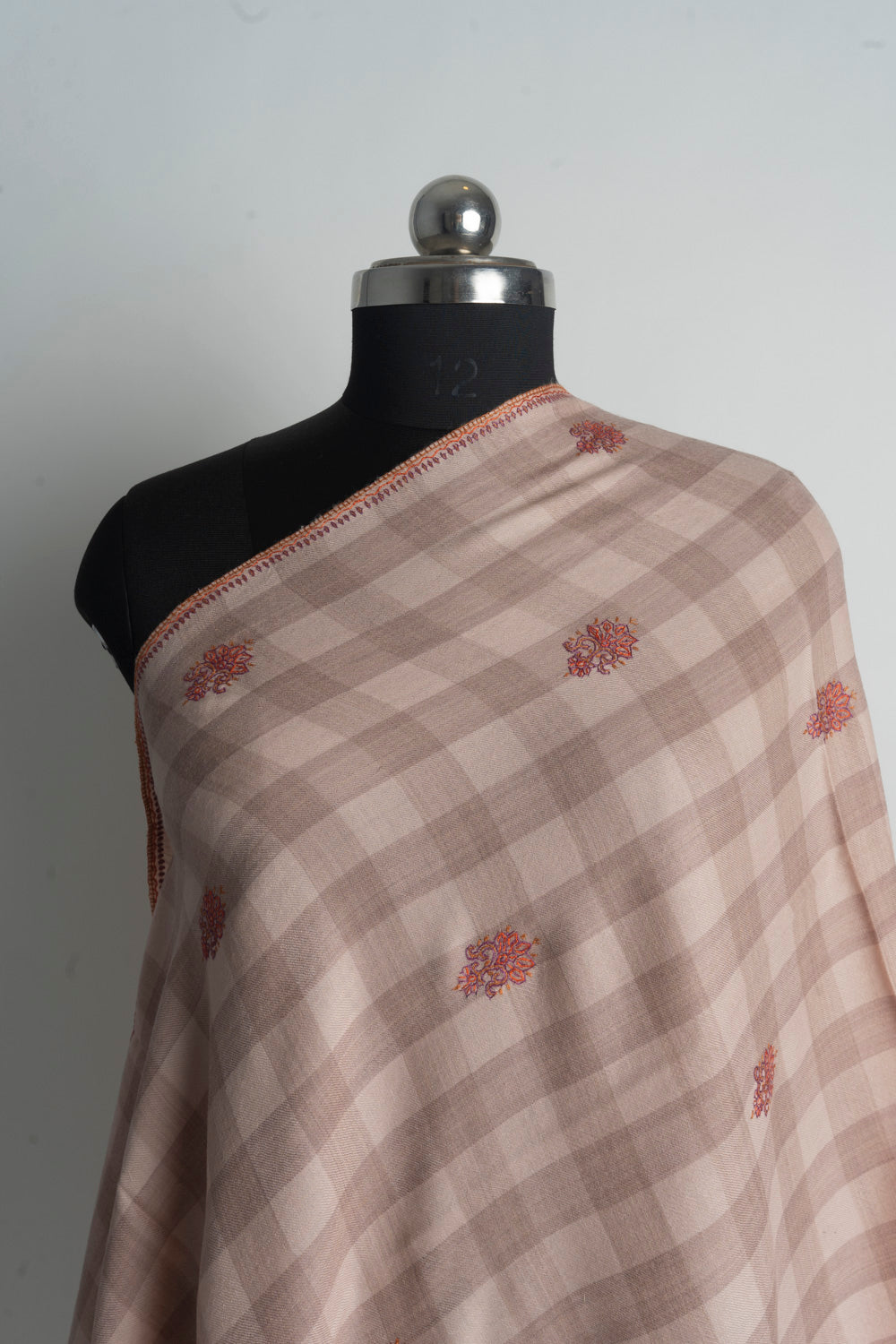 Soft Checkered Beige Kashmiri Hand Embroidered Merino Wool Sozni Shawl