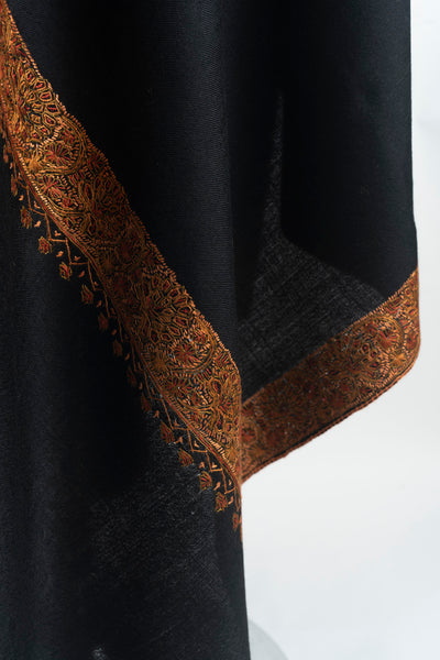 Elegant Midnight Black Kashmiri Hand Embroidered Merino Wool Sozni Shawl