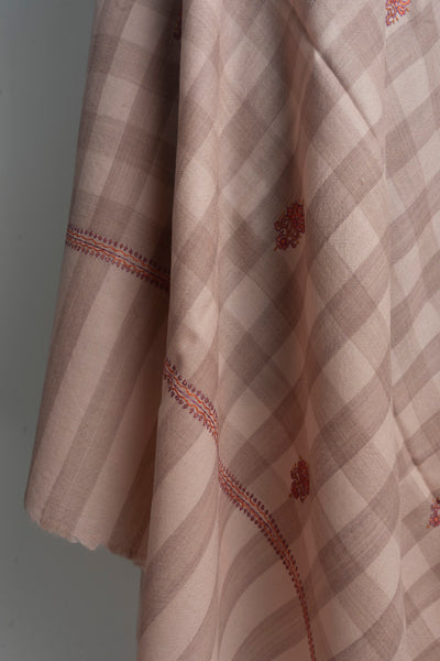 Soft Checkered Beige Kashmiri Hand Embroidered Merino Wool Sozni Shawl