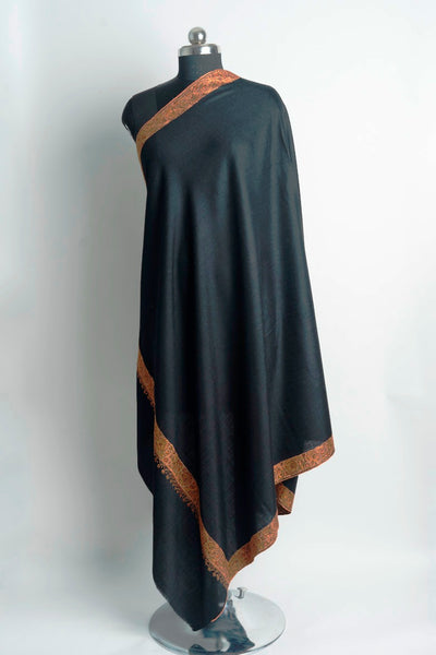 Elegant Midnight Black Kashmiri Hand Embroidered Merino Wool Sozni Shawl