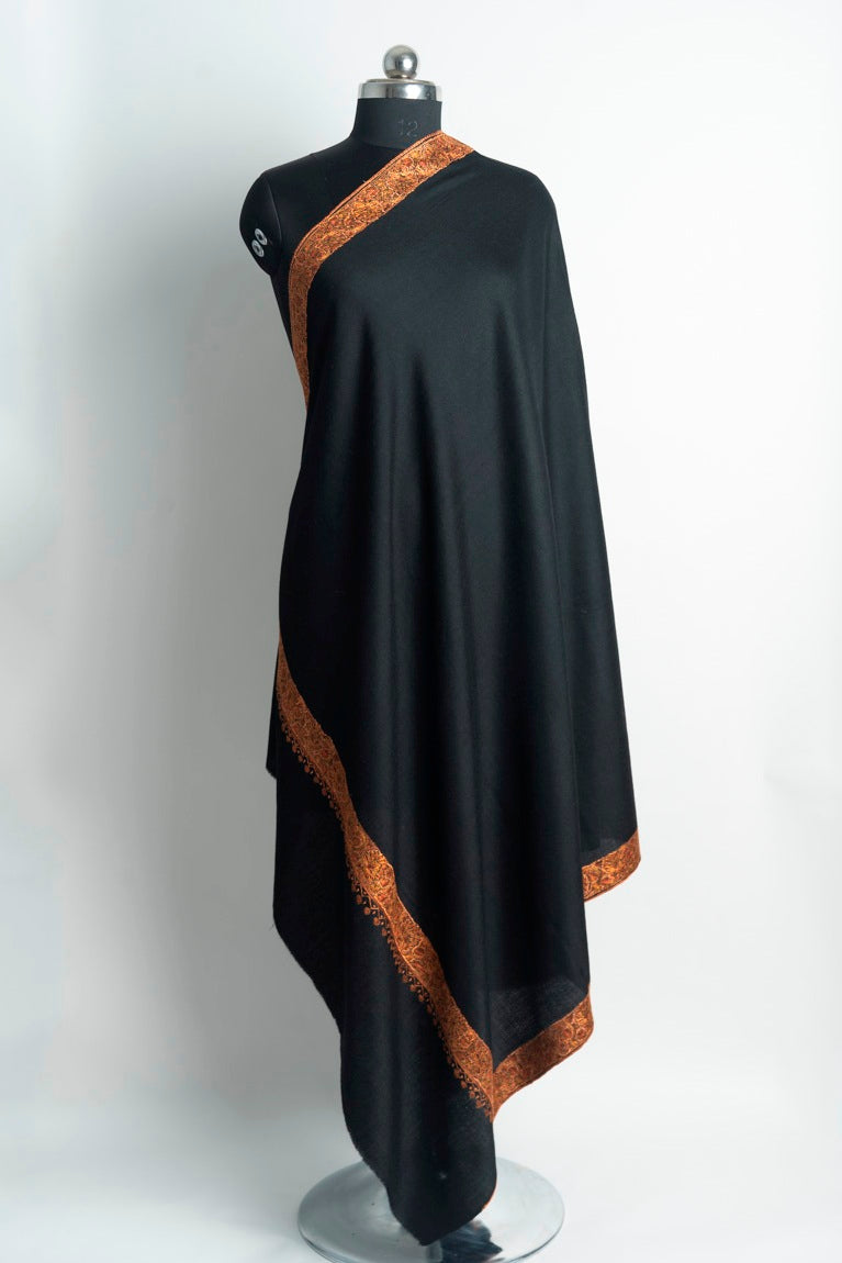 Elegant Midnight Black Kashmiri Hand Embroidered Merino Wool Sozni Shawl