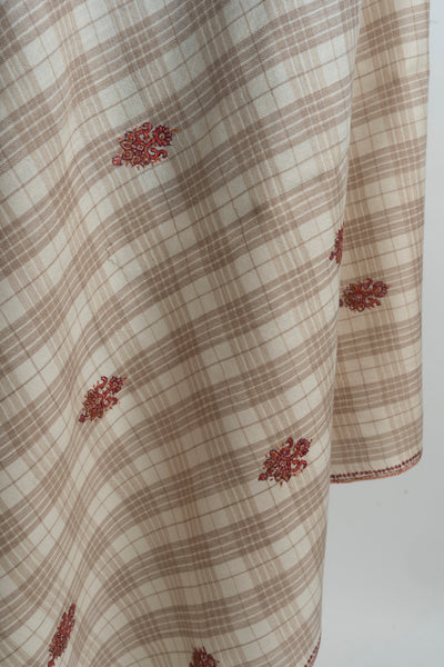 Classic Checkered Beige Kashmiri Hand Embroidered Merino Wool Sozni Shawl