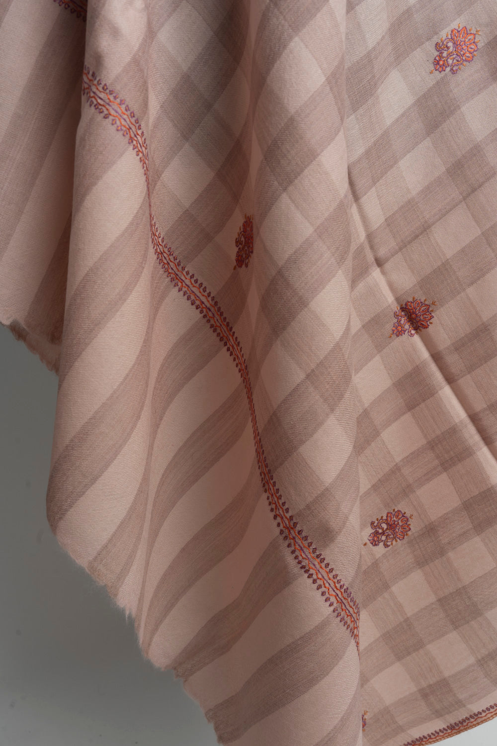 Soft Checkered Beige Kashmiri Hand Embroidered Merino Wool Sozni Shawl