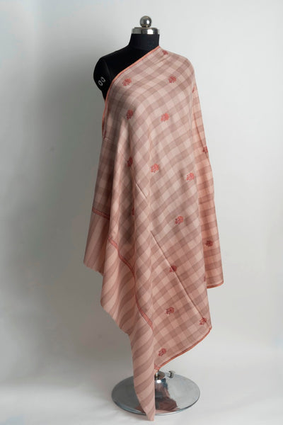 Soft Checkered Beige Kashmiri Hand Embroidered Merino Wool Sozni Shawl