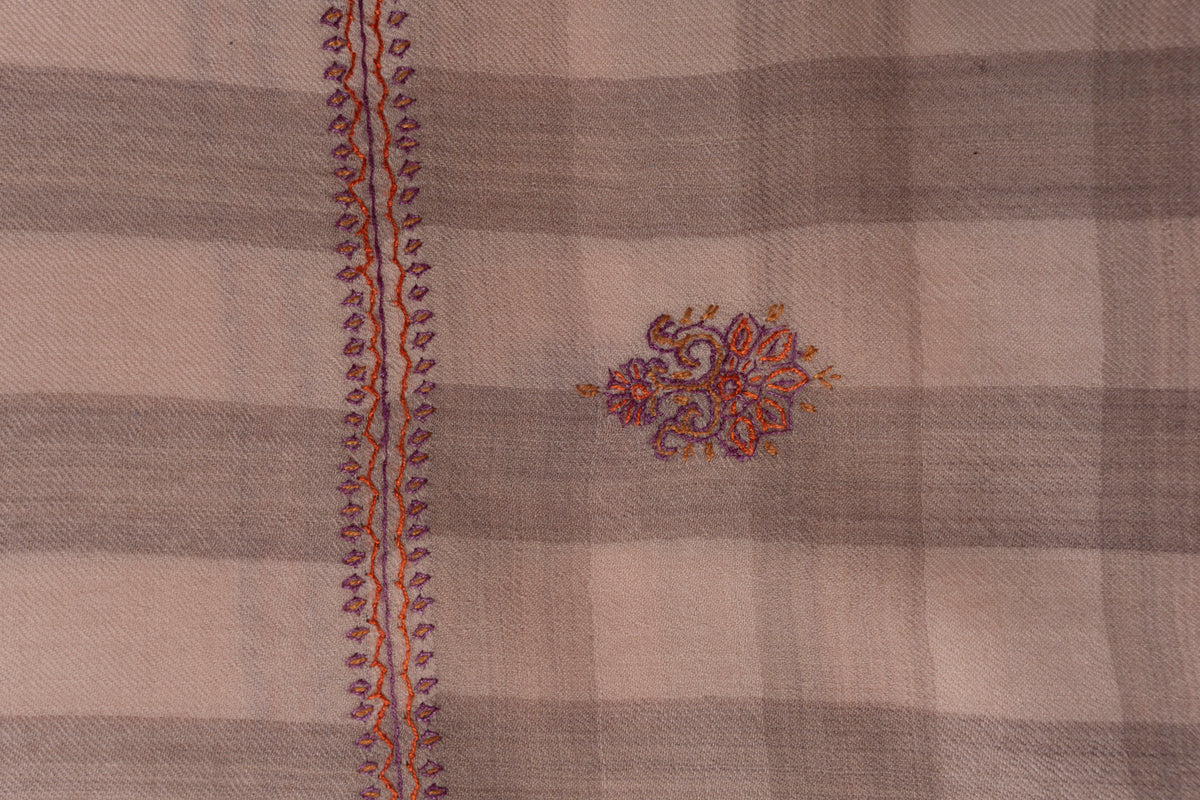 Soft Checkered Beige Kashmiri Hand Embroidered Merino Wool Sozni Shawl