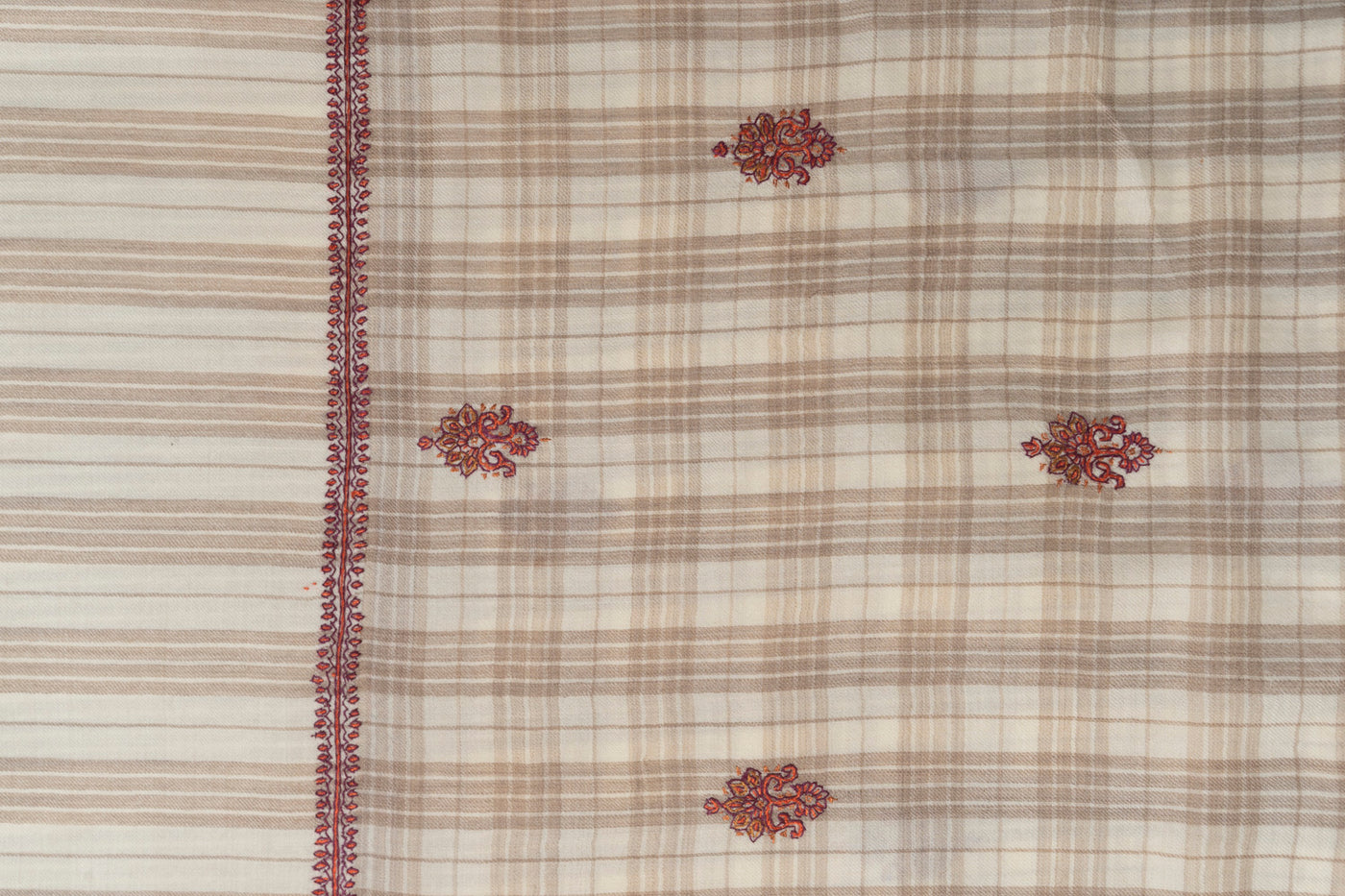 Classic Checkered Beige Kashmiri Hand Embroidered Merino Wool Sozni Shawl