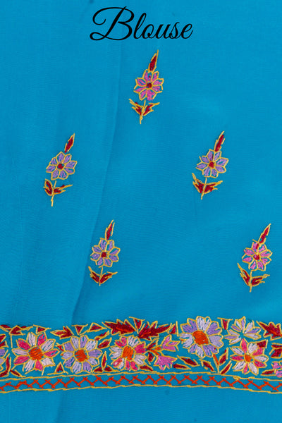 Elegant Kashmiri Hand-Embroidered Pure Crepe Saree in Enchanting Blue - KashmKari