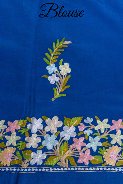 Royal Blue Pure Crepe Kashmiri Saree with Aari Embroidery - KashmKari