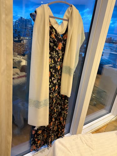 Irina’s customer photograph of her Snow Mist Serenity embroidered shawl