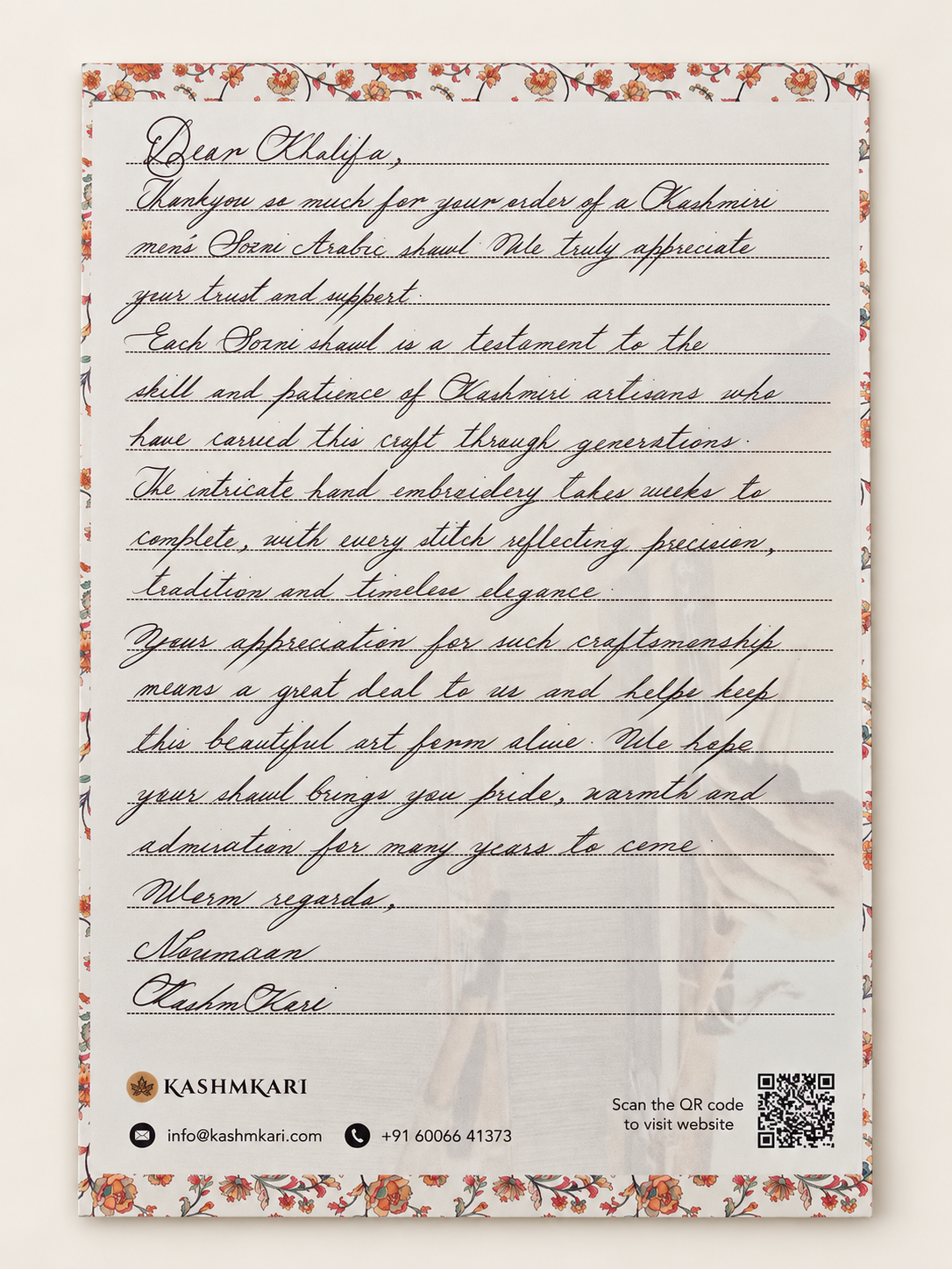 Example handwritten KashmKari note on floral stationery