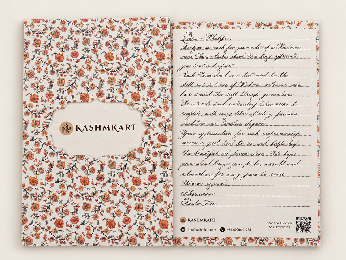 KashmKari floral stationery with an example handwritten note