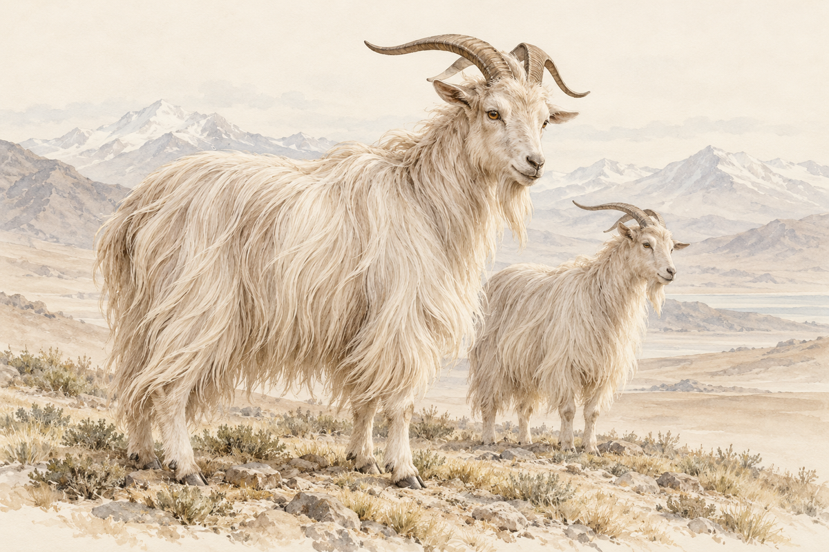 Illustration of two cashmere goats with long coats and curved horns.