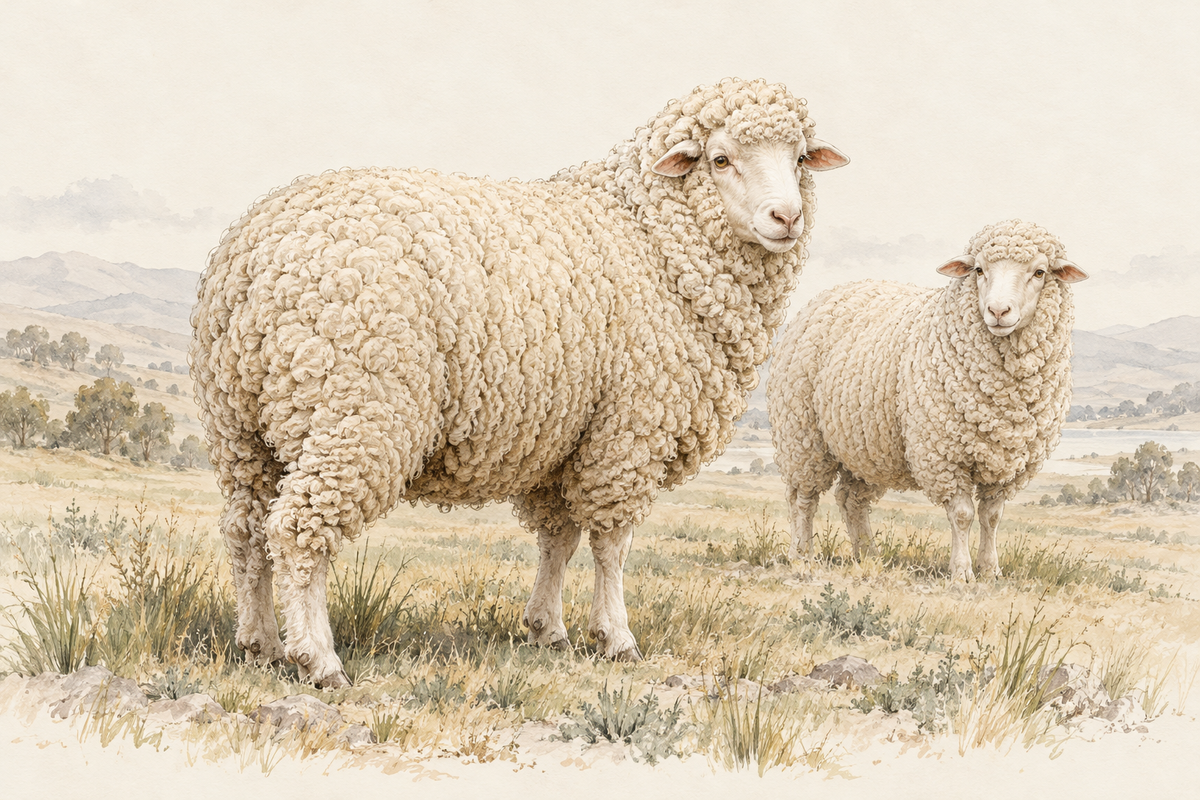 Illustration of two Merino sheep with dense, crimped wool fleeces.