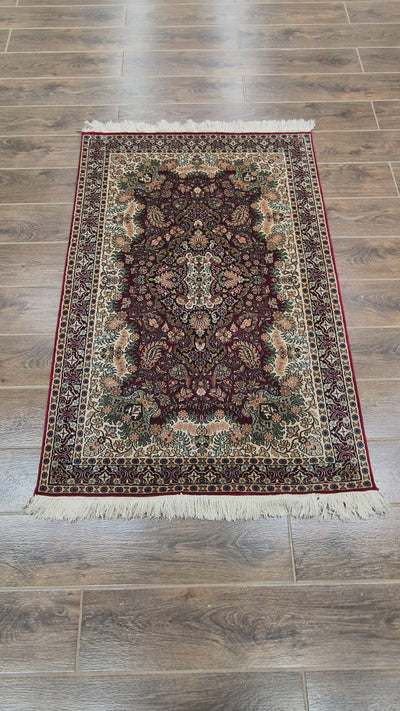 Crimson Blossom Elegance Carpet - Hand Knotted Pure Silk Kashmiri Carpet (2.5ft * 4ft)