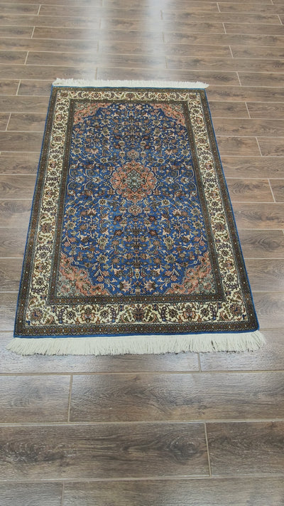 Midnight Blue Floral Medallion Carpet - Hand Knotted Pure Silk Kashmiri Carpet (3ft * 5ft)