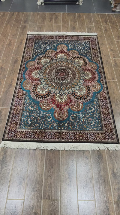 Turquoise Radiant Medallion Carpet - Hand Knotted Pure Silk Kashmiri Carpet (4ft * 6ft)