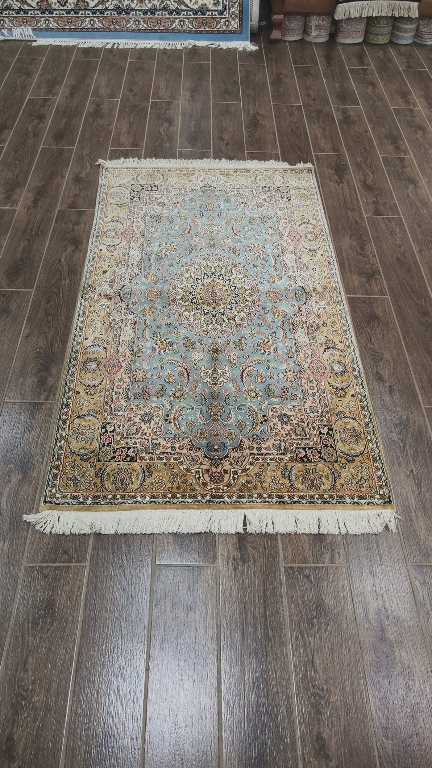 Teal Floral Medallion Carpet - Hand Woven Pure Silk Kashmiri Carpet (3ft * 5ft)