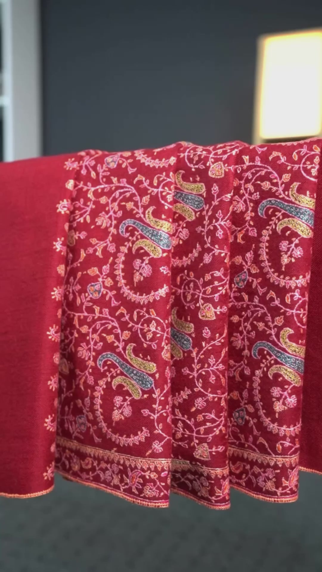 Laleh – Crimson Sozni Hand-Embroidered Pure Pashmina Shawl
