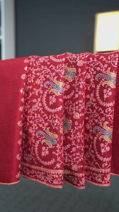 Laleh – Crimson Sozni Hand-Embroidered Pure Pashmina Shawl