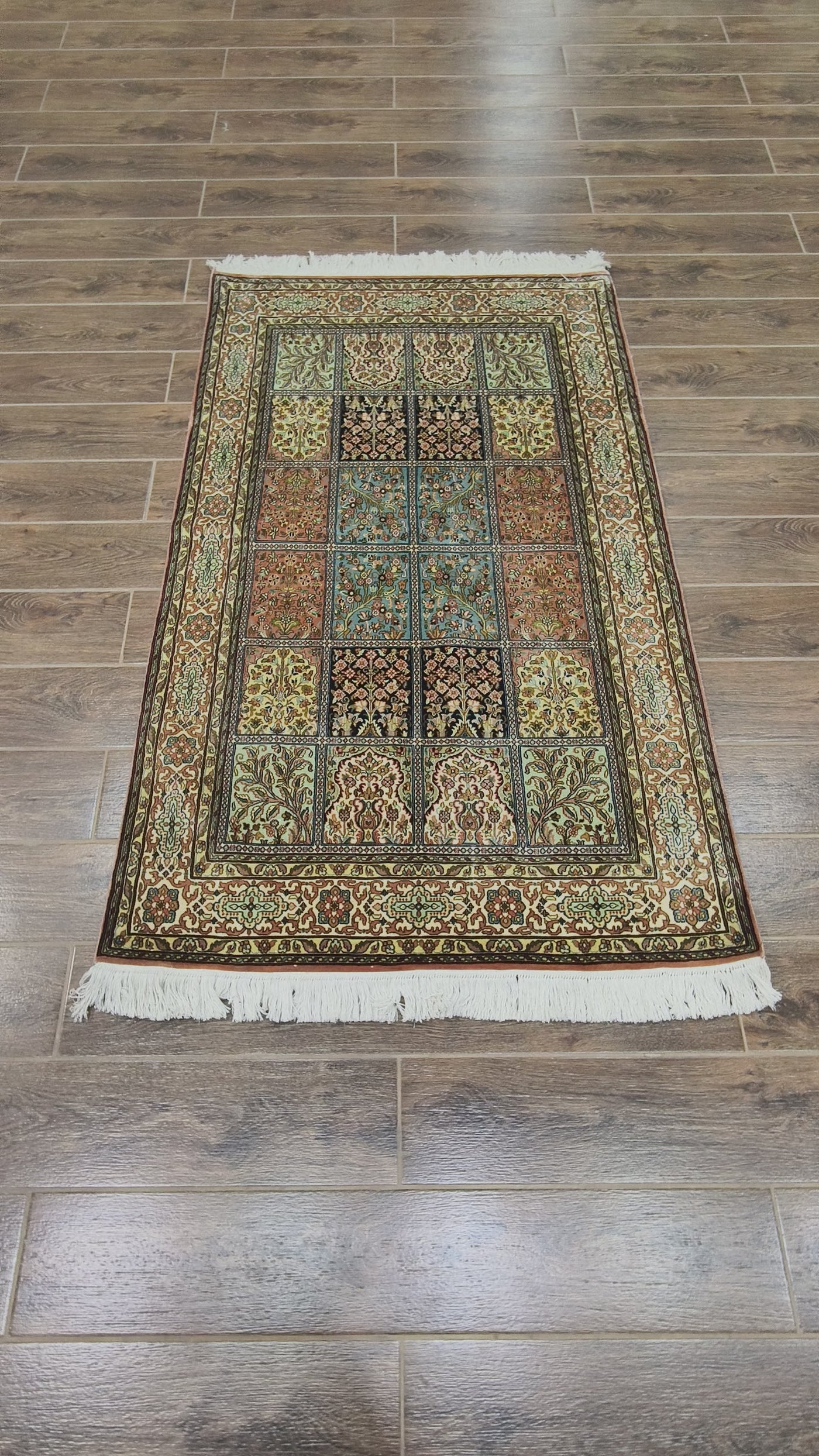 Multicolored Garden Squares Carpet - Hand Knotted Pure Silk Kashmiri Carpet (3ft * 5ft)