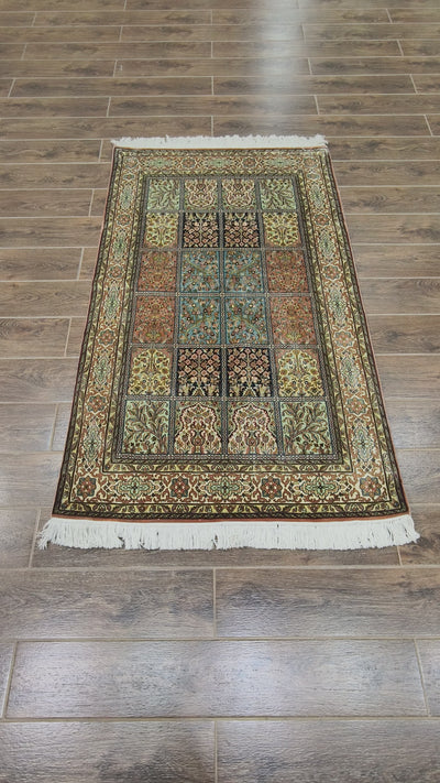 Multicolored Garden Squares Carpet - Hand Knotted Pure Silk Kashmiri Carpet (3ft * 5ft)