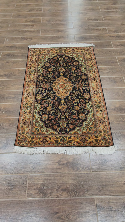 Midnight Floral Harmony Carpet - Hand Knotted Pure Silk Kashmiri Carpet (2.5ft * 4 ft)