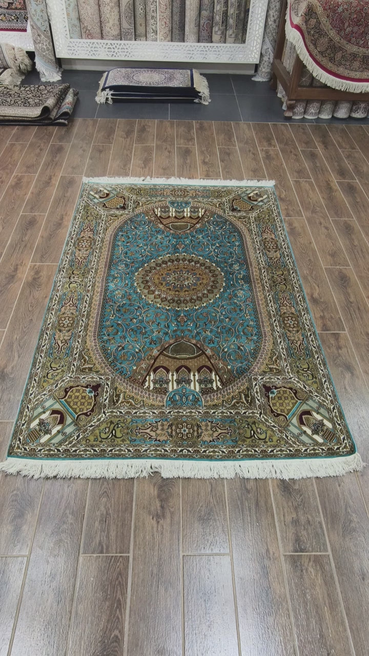 Turquoise Medallion Carpet - Hand Knotted Pure Silk Kashmiri Carpet (4ft * 6ft)