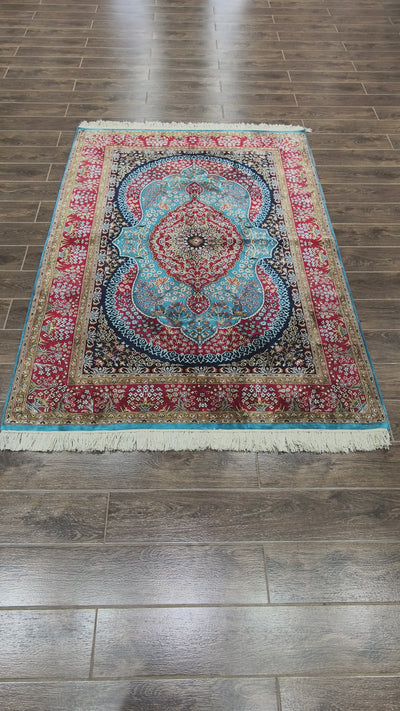 Vibrant Persian Red Medallion Carpet - Hand Knotted Pure Silk Kashmiri Carpet (4ft * 6ft)