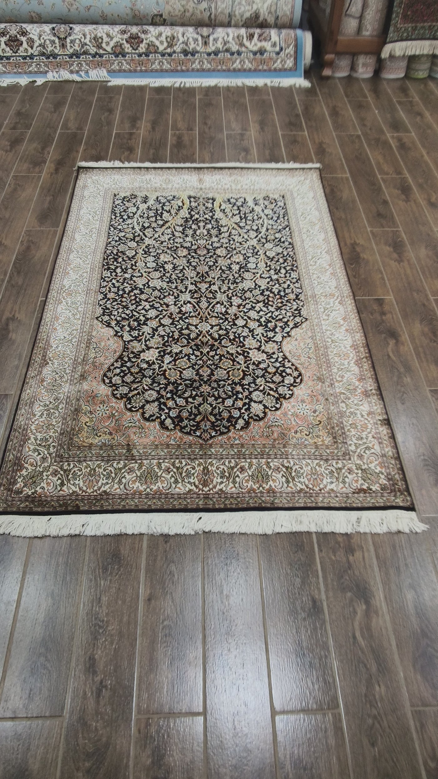 Black Baroque Elegance Carpet - Hand Knotted Pure Silk Kashmiri Carpet (4ft * 6ft)