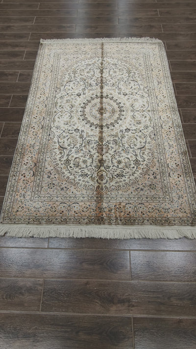 Golden Floral Harmony Carpet - Hand Knotted Pure Silk Kashmiri Carpet (6ft * 4ft)