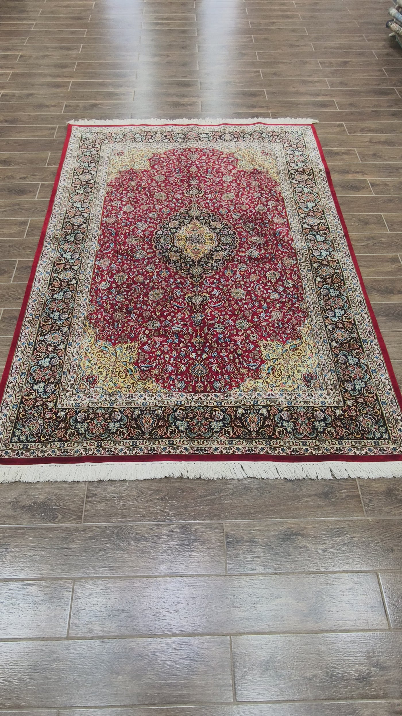 Crimson Elegance Floral Carpet - Hand Knotted Pure Silk Kashmiri Carpet (7.5ft * 5ft)