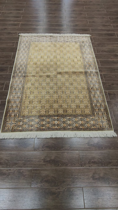 Golden Harmony Geometric Carpet - Hand Knotted Pure Silk Kashmiri Carpet (4ft * 6ft)