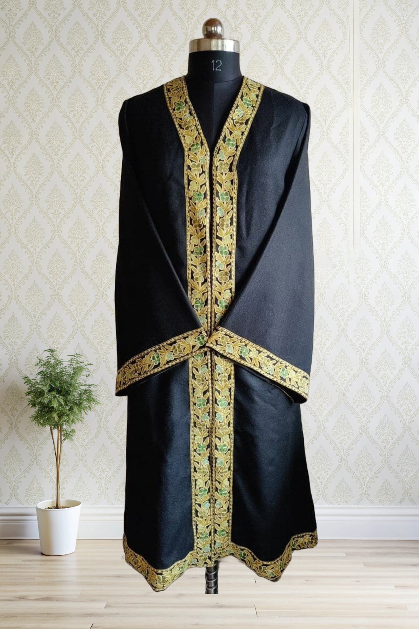 Black Long Kimono with border Kashmiri Floral Embroidery | Kashmiri Embroidery Robe