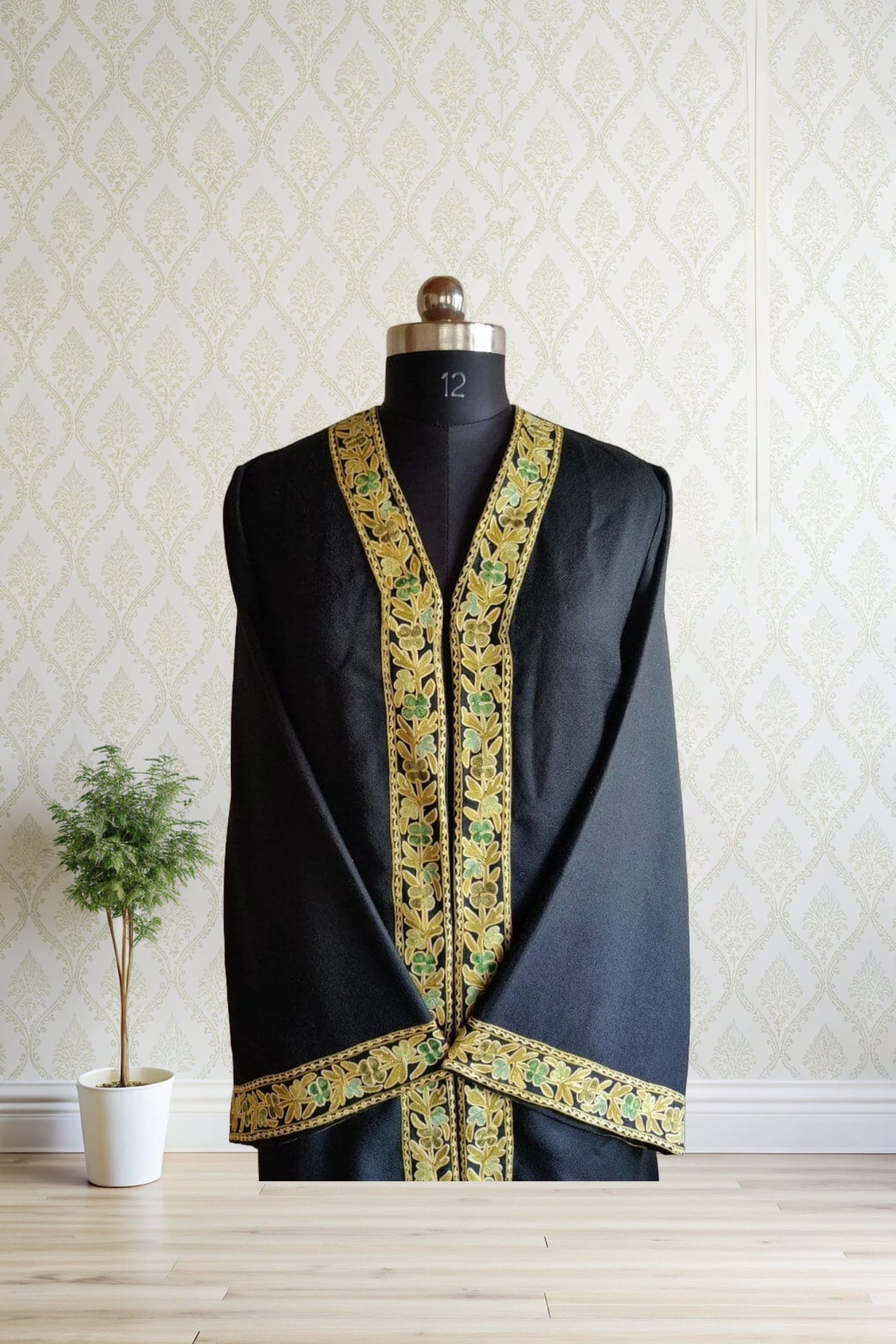 Black Long Kimono with border Kashmiri Floral Embroidery | Kashmiri Embroidery Robe