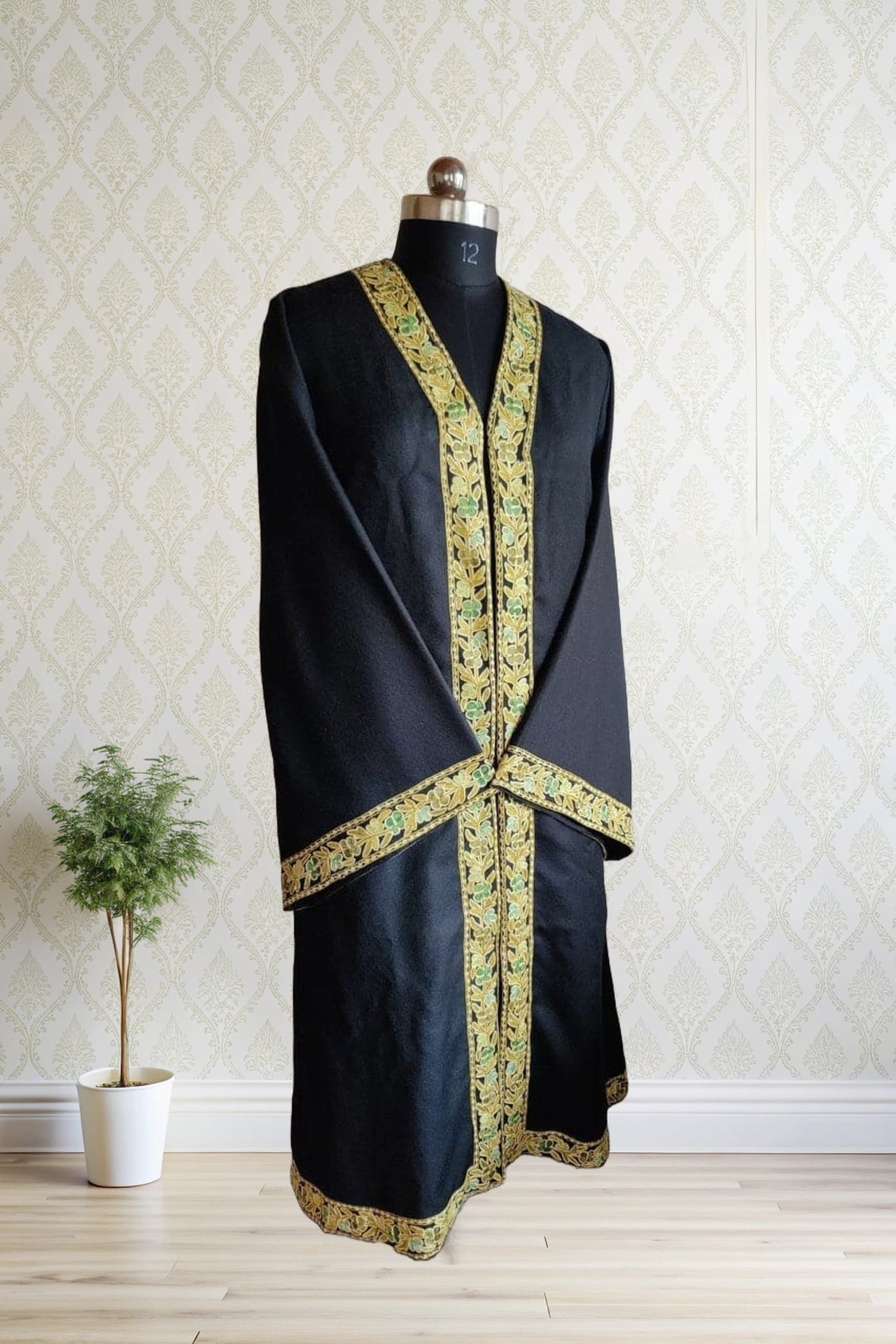 Black Long Kimono with border Kashmiri Floral Embroidery | Kashmiri Embroidery Robe