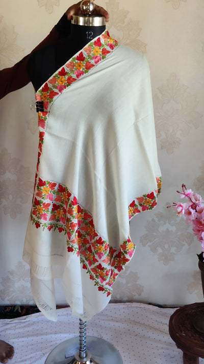 White Merino Wool Scarf with Aari Cutwork Embroidery