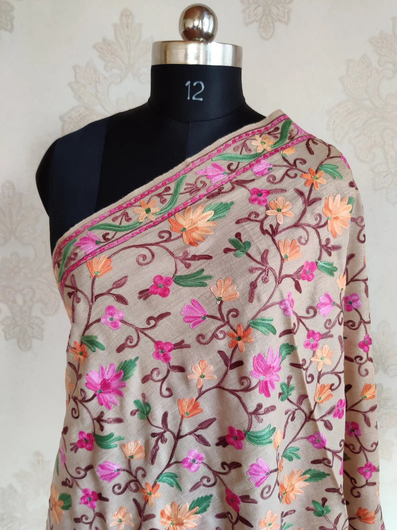 Pure Woolen Beige Kashmiri Embroidery Scarf with All over Heavy Aari Embroidery - KashmKari