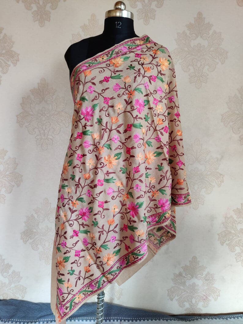 Pure Woolen Beige Kashmiri Embroidery Scarf with All over Heavy Aari Embroidery - KashmKari